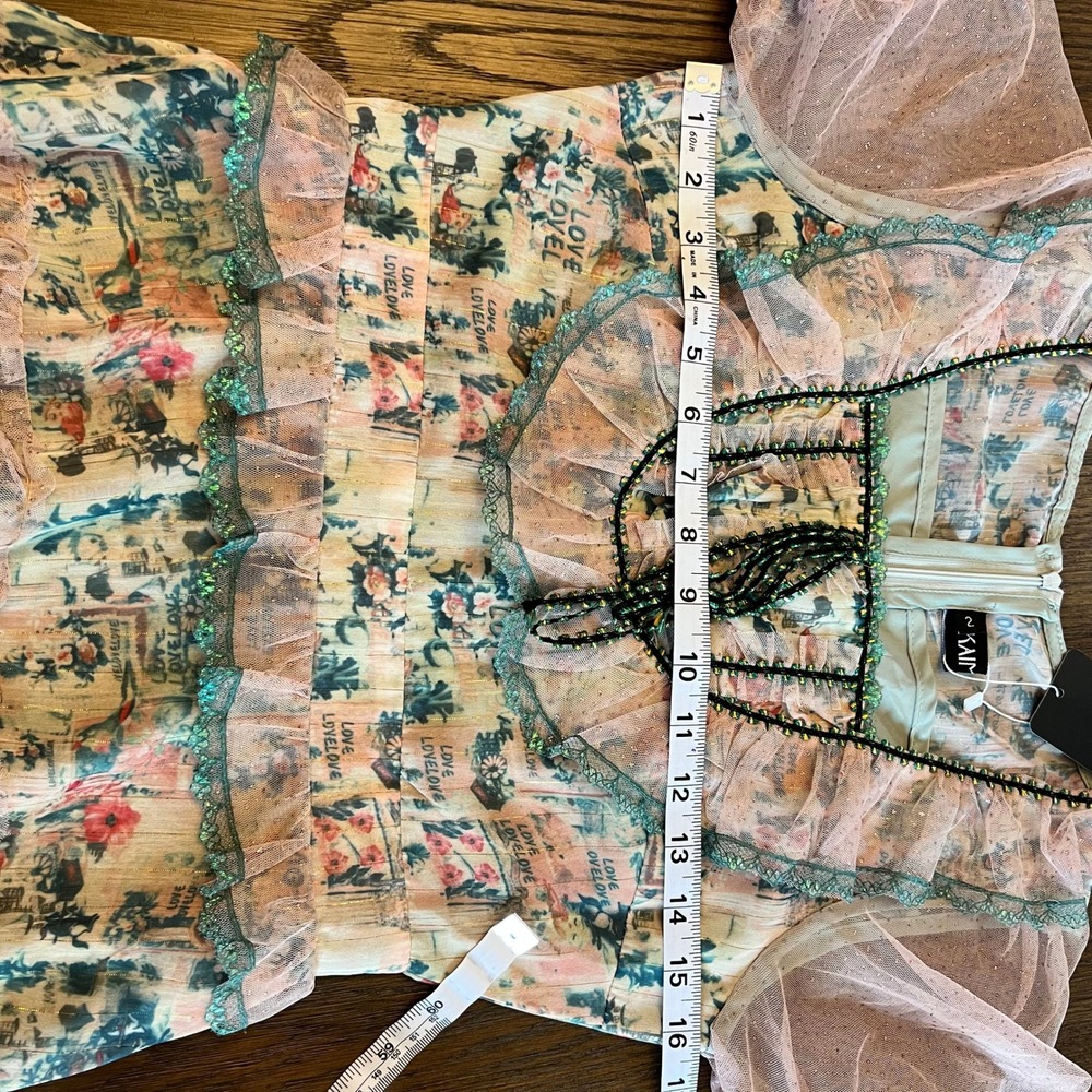 KAIMILAN Tiered Midi Dress Cotton Mesh Floral Beaded Cottagecore Fairycore 2 - Picture 6 of 11